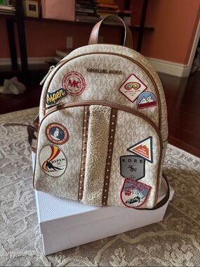Michael Kors Beige Logo Patch Backpack with Tan Trim